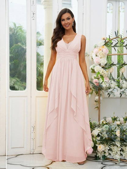 A-Line/Princess Chiffon Ruffles V-neck Sleeveless Floor-Length Bridesmaid Dresses