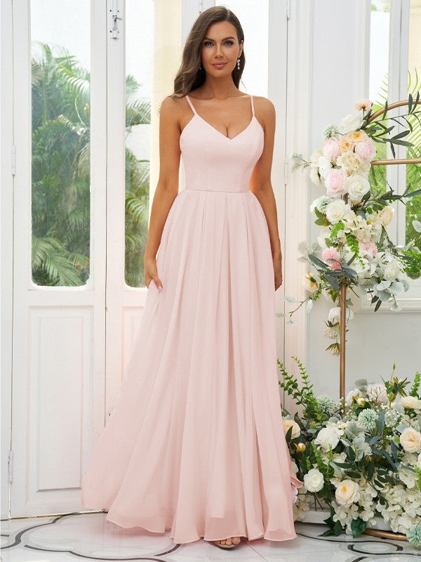 A-Line/Princess Chiffon Ruffles V-neck Sleeveless Floor-Length Bridesmaid Dresses