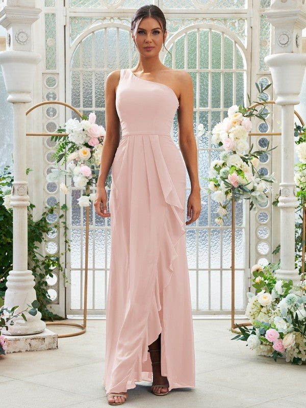 Sheath/Column Chiffon Ruffles One-Shoulder Sleeveless Floor-Length Bridesmaid Dresses