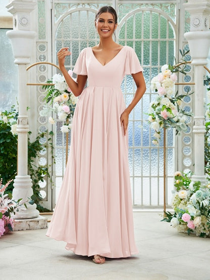 A-Line/Princess Chiffon Ruffles V-neck Short Sleeves Floor-Length Bridesmaid Dresses