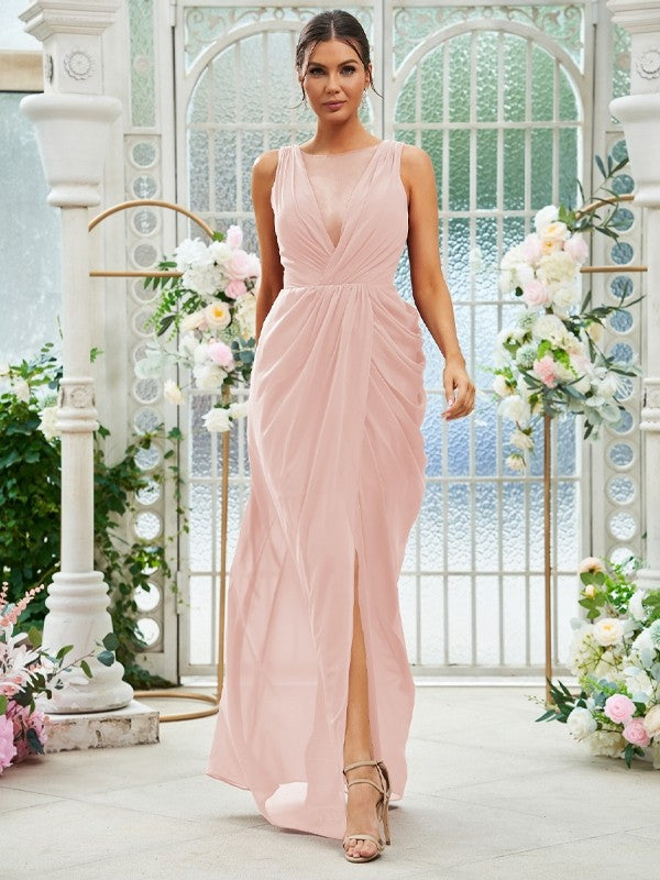 Sheath/Column Chiffon Ruched Scoop Sleeveless Floor-Length Bridesmaid Dresses