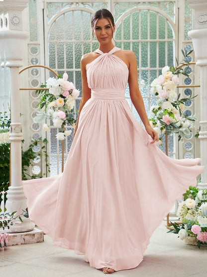 A-Line/Princess Chiffon Ruched Halter Sleeveless Floor-Length Bridesmaid Dresses