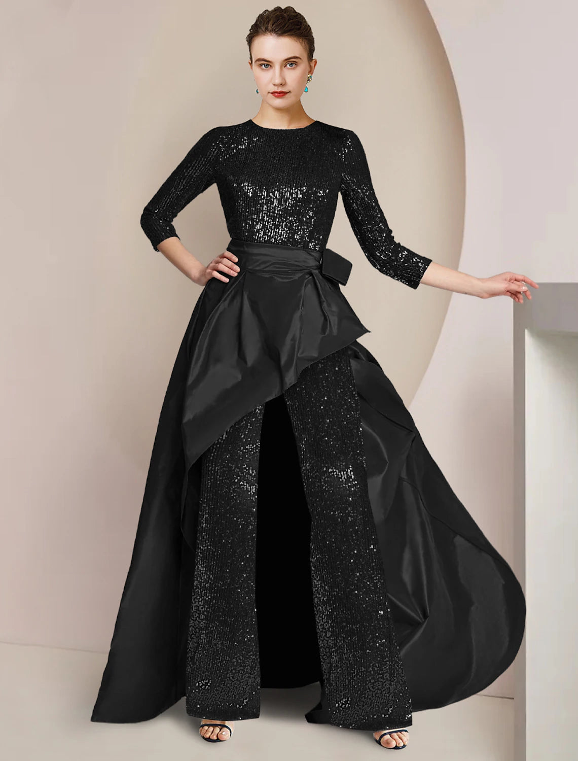 Two Piece Jumpsuit / Pantsuit Mother of the Bride Dress Formal Wedding Guest Elegant Scoop Neck Asymmetrical Floor Length Taffeta Sequined 3/4 Length Sleeve with Solid Color