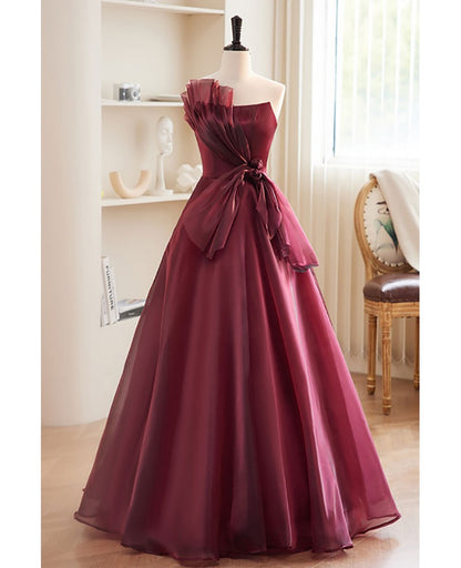 Charming wine red strapless bow dance dress, wine red A-line princess sleeveless backless and ground length evening dress