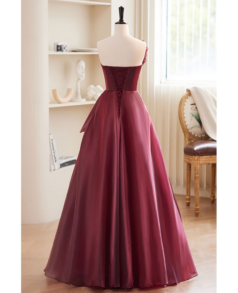 Charming wine red strapless bow dance dress, wine red A-line princess sleeveless backless and ground length evening dress