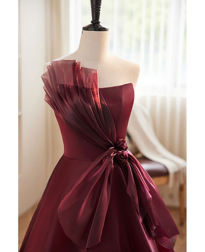 Charming wine red strapless bow dance dress, wine red A-line princess sleeveless backless and ground length evening dress