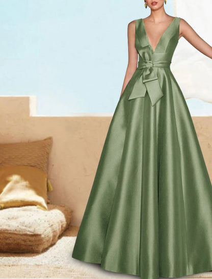 A-Line Evening Gown Elegant Dress Prom Wedding Party Dress Floor Length Sleeveless V Neck Satin with Sash / Ribbon Pleats