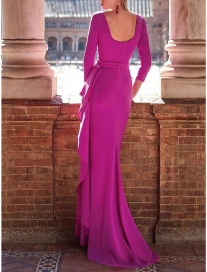 A-Line Evening Gown Elegant Dress Formal Sweep / Brush Train 3/4 Length Sleeve V Neck Stretch Chiffon with Pleats Ruffles Slit