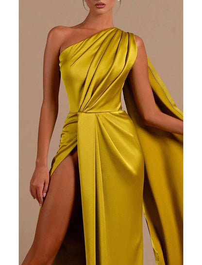 Mermaid / Trumpet Evening Gown High Split Dress Masquerade Court Train Sleeveless One Shoulder Capes Satin with Ruched Slit