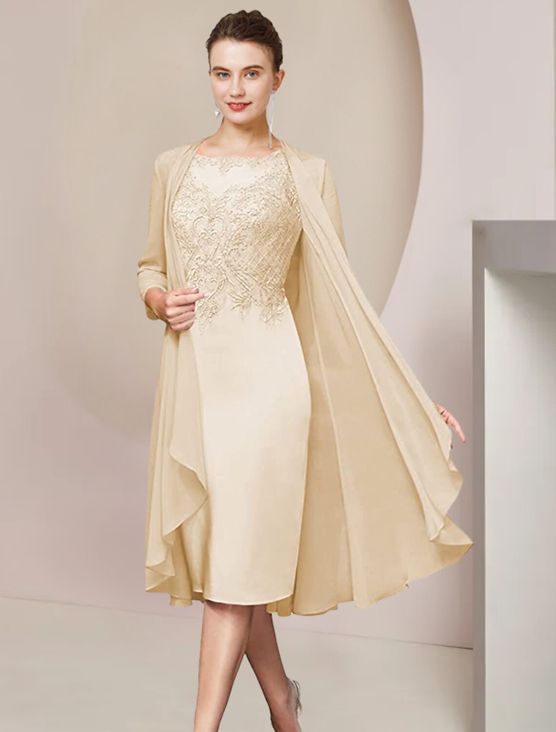 Two Piece Sheath / Column Mother of the Bride Dress Formal Wedding Guest Elegant Scoop Neck Knee Length Chiffon Lace Half Sleeve Jacket Dresses with Appliques