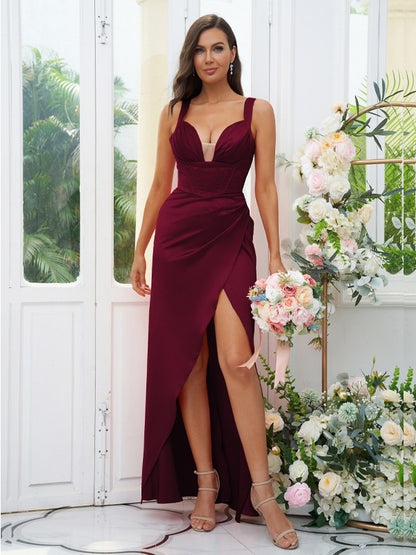 Sheath/Column Charmeuse Ruched V-neck Sleeveless Floor-Length Bridesmaid Dresses