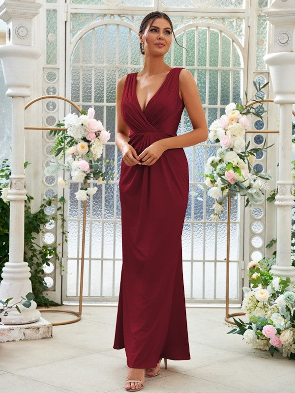 Sheath/Column Jersey Ruched V-neck Sleeveless Floor-Length Bridesmaid Dresses