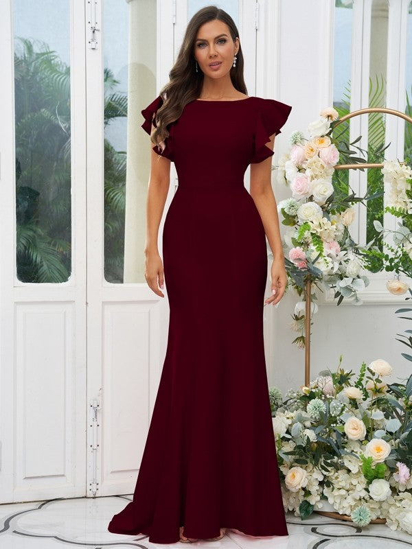 Sheath/Column Stretch Crepe Ruffles Scoop Short Sleeves Sweep/Brush Train Bridesmaid Dresses