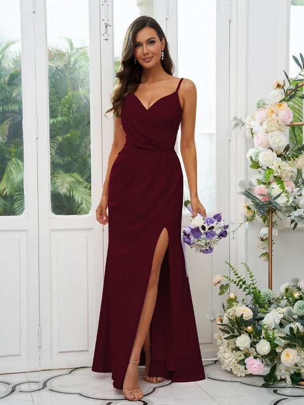 A-Line/Princess Stretch Crepe Ruched V-neck Sleeveless Floor-Length Bridesmaid Dresses