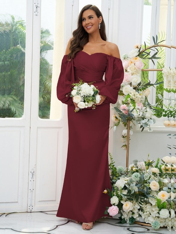 Sheath/Column Silk like Satin Ruched Off-the-Shoulder Long Sleeves Floor-Length Bridesmaid Dresses