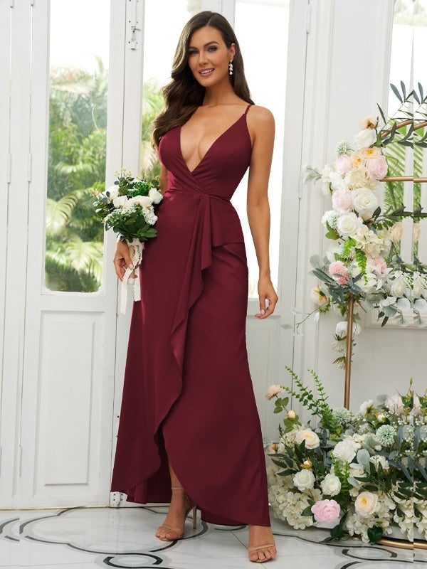 A-Line/Princess Silk like Satin Ruffles V-neck Sleeveless Floor-Length Bridesmaid Dresses