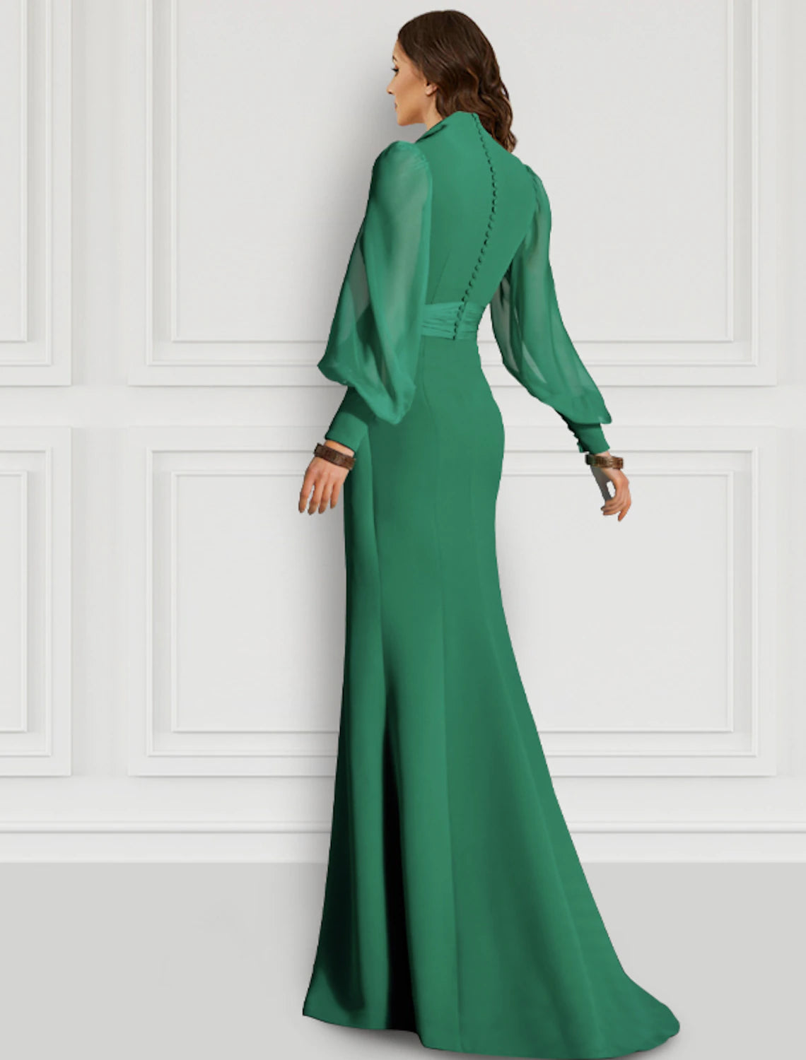 Mermaid Red Green Dress Evening Gown Elegant Dress With Bow Formal Wedding Guest Sweep / Brush Train Long Sleeve V Neck Fall Wedding Guest Chiffon with Slit Strappy