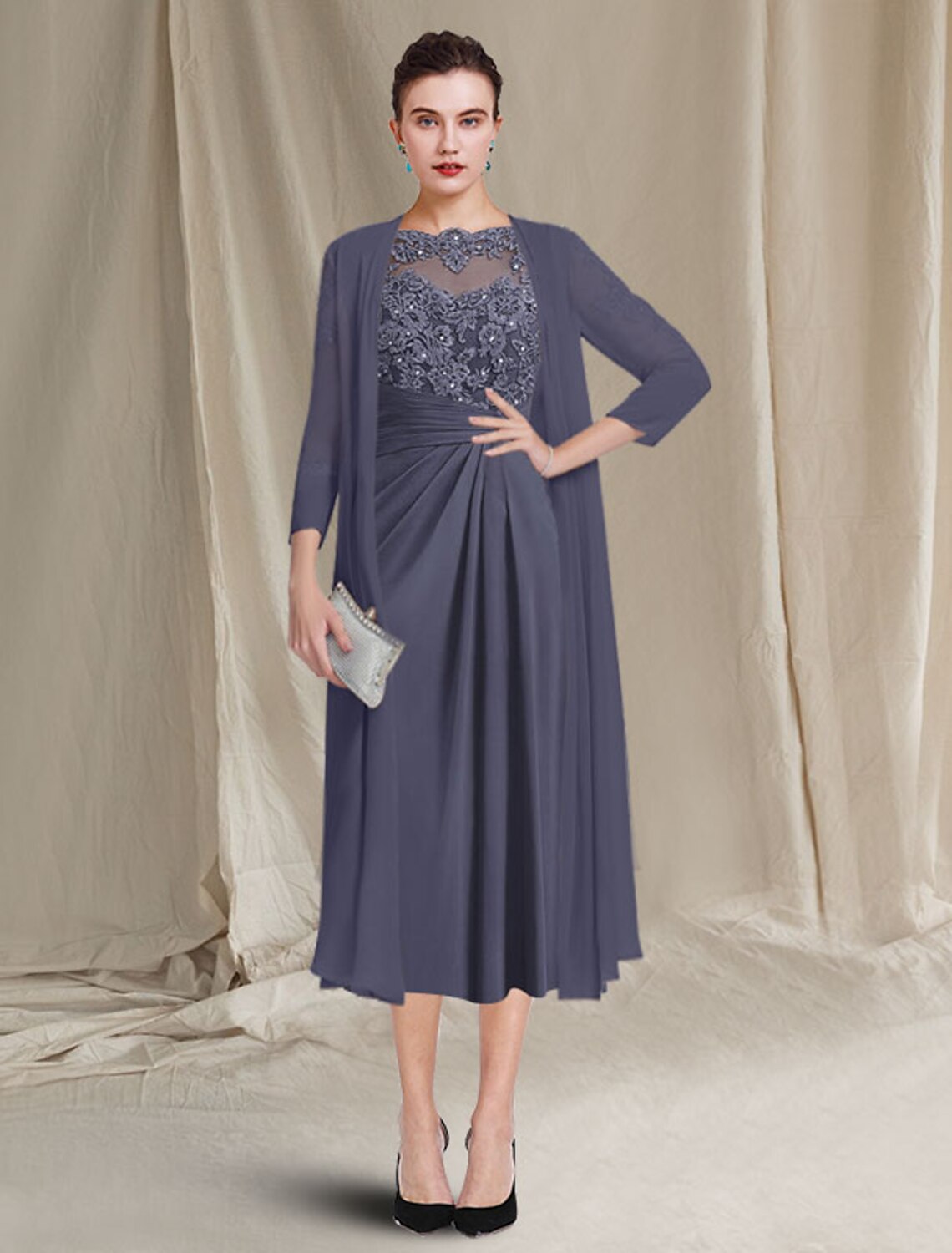 Two Piece A-Line Mother of the Bride Dress Plus Size Elegant Jewel Neck Tea Length Chiffon Lace Half Sleeve Jacket Dresses with Crystals Appliques