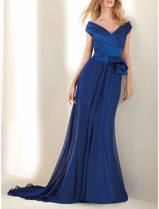 A-Line Evening Gown Elegant Dress Formal Wedding Guest Sweep / Brush Train Short Sleeve Off Shoulder Satin with Pleats Ruched Ruffles