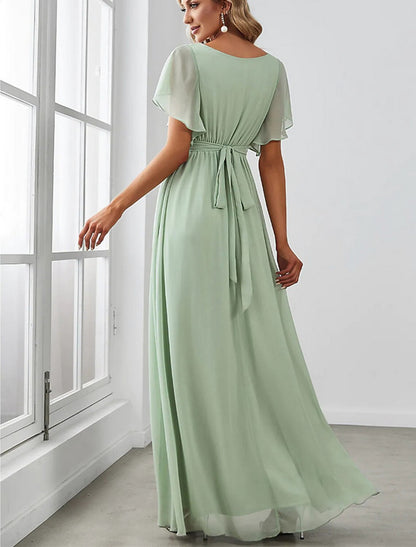 A-Line Wedding Guest Dresses Elegant Dress Birthday Floor Length Short Sleeve V Neck Belt / Sash Chiffon with Ruched Ruffles Strappy