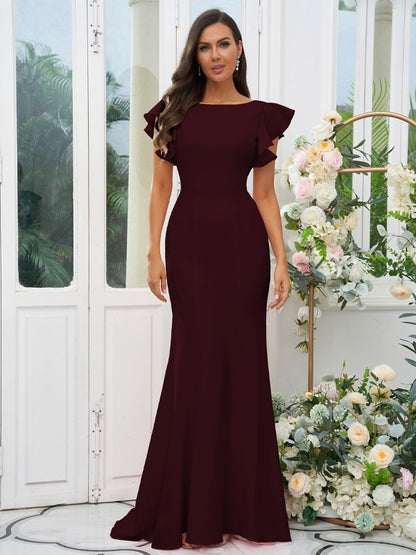 Sheath/Column Stretch Crepe Ruffles Scoop Short Sleeves Sweep/Brush Train Bridesmaid Dresses