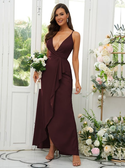 A-Line/Princess Silk like Satin Ruffles V-neck Sleeveless Floor-Length Bridesmaid Dresses