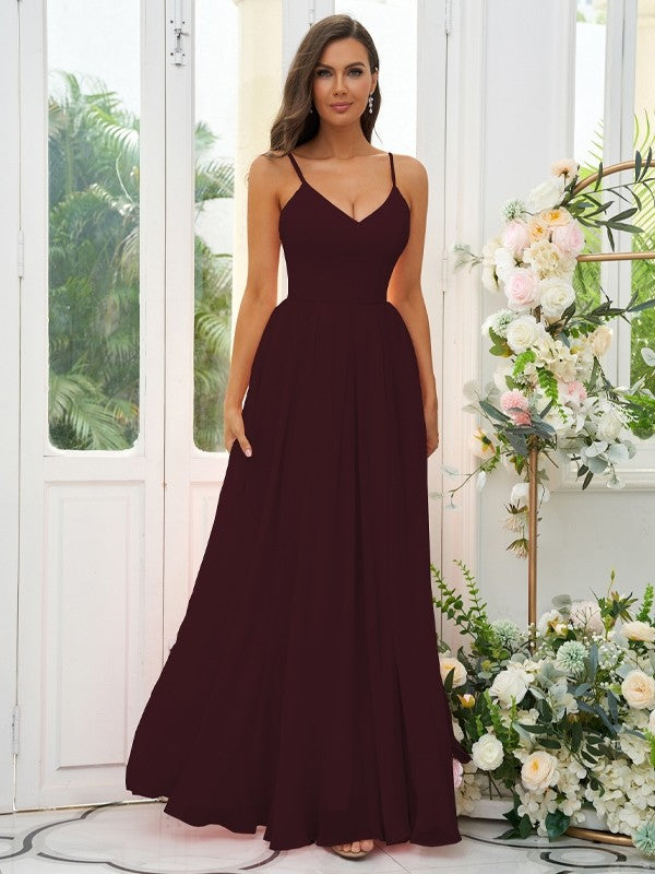 A-Line/Princess Chiffon Ruffles V-neck Sleeveless Floor-Length Bridesmaid Dresses