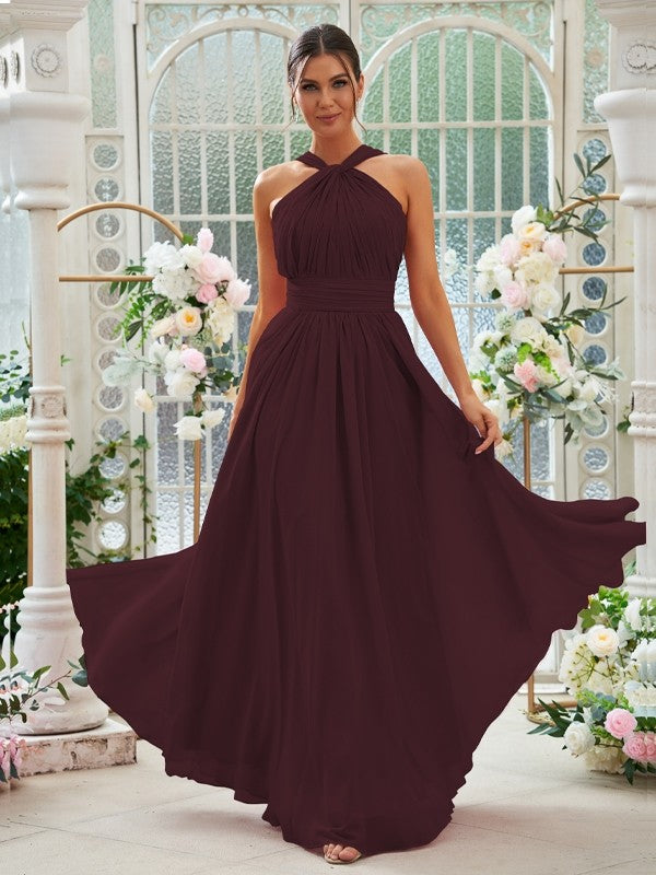 A-Line/Princess Chiffon Ruched Halter Sleeveless Floor-Length Bridesmaid Dresses