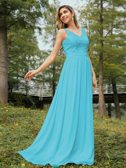 A-Line/Princess Chiffon Lace V-neck Sleeveless Floor-Length Bridesmaid Dresses