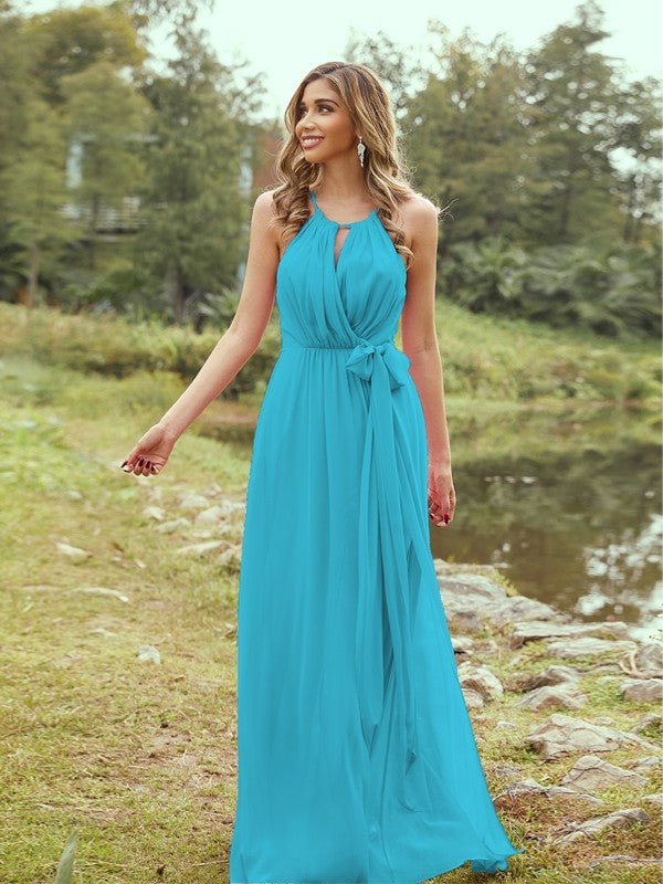 A-Line/Princess Chiffon Ruffles Halter Sleeveless Sweep/Brush Train Bridesmaid Dresses