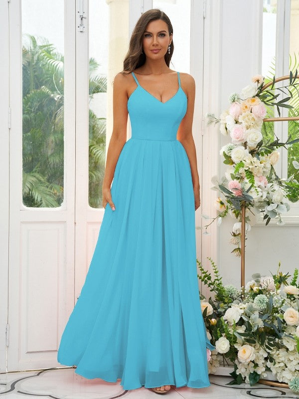 A-Line/Princess Chiffon Ruffles V-neck Sleeveless Floor-Length Bridesmaid Dresses