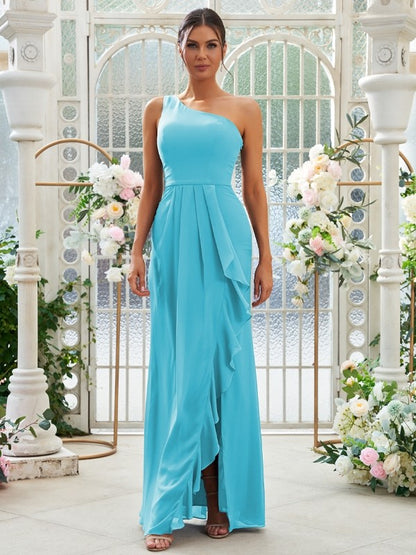 Sheath/Column Chiffon Ruffles One-Shoulder Sleeveless Floor-Length Bridesmaid Dresses