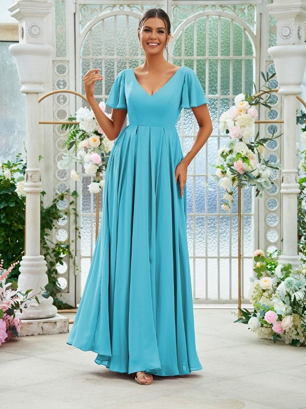 A-Line/Princess Chiffon Ruffles V-neck Short Sleeves Floor-Length Bridesmaid Dresses