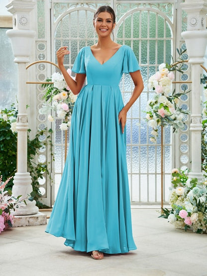 A-Line/Princess Chiffon Ruffles V-neck Short Sleeves Floor-Length Bridesmaid Dresses