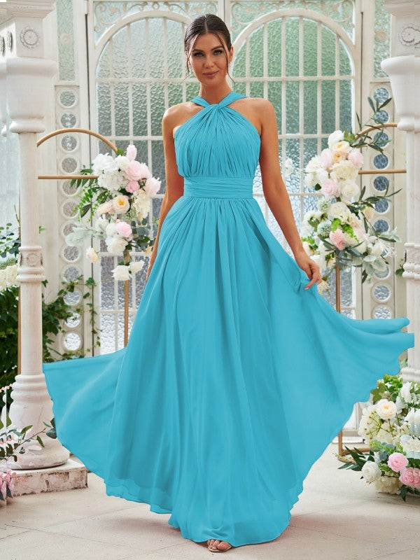 A-Line/Princess Chiffon Ruched Halter Sleeveless Floor-Length Bridesmaid Dresses