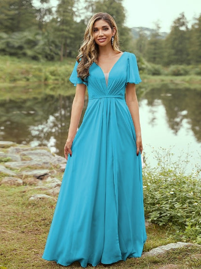 A-Line/Princess Chiffon Ruffles V-neck Short Sleeves Floor-Length Bridesmaid Dresses