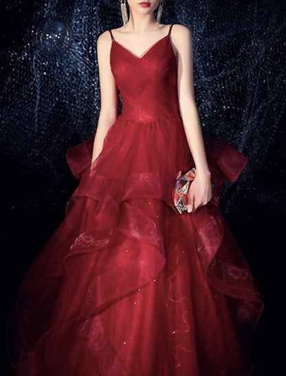 A-Line Evening Gown Elegant Dress Engagement Formal Evening Floor Length Sleeveless Spaghetti Strap Tulle with Tiered