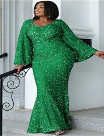 Mermaid / Trumpet Wedding Guest Dresses Plus Size Dress Cocktail Party Black Tie Floor Length Long Sleeve Scoop Neck Sequined with Glitter