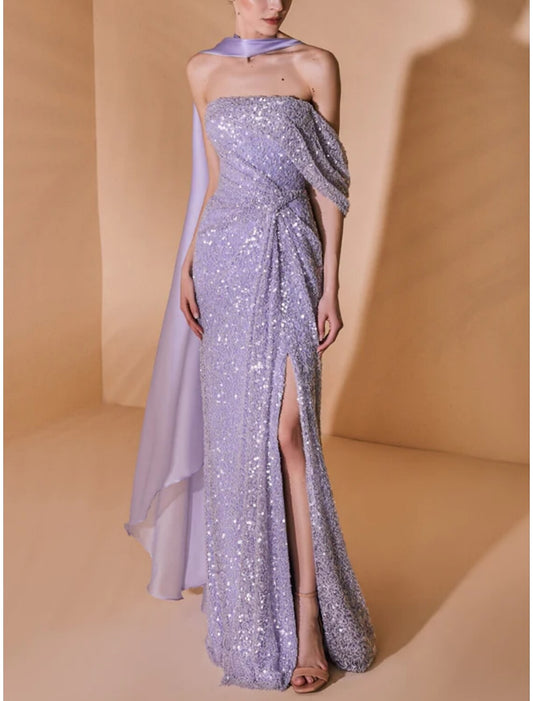 A-Line Evening Gown Elegant Dress Formal Sweep / Brush Train Sleeveless Strapless Sequined with Glitter Pleats Slit