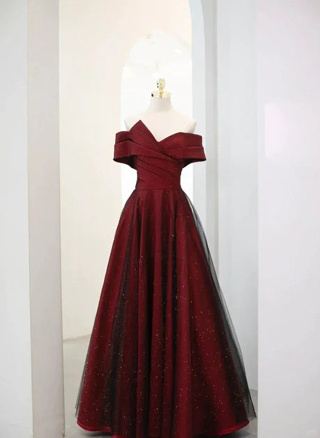 A-line off shoulder wine red sheer long party dress, wine red and black dance dress