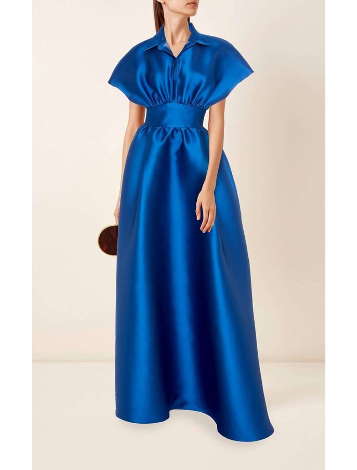 A-Line Evening Gown Elegant Dress Formal Floor Length Short Sleeve Shirt Collar Satin with Pleats