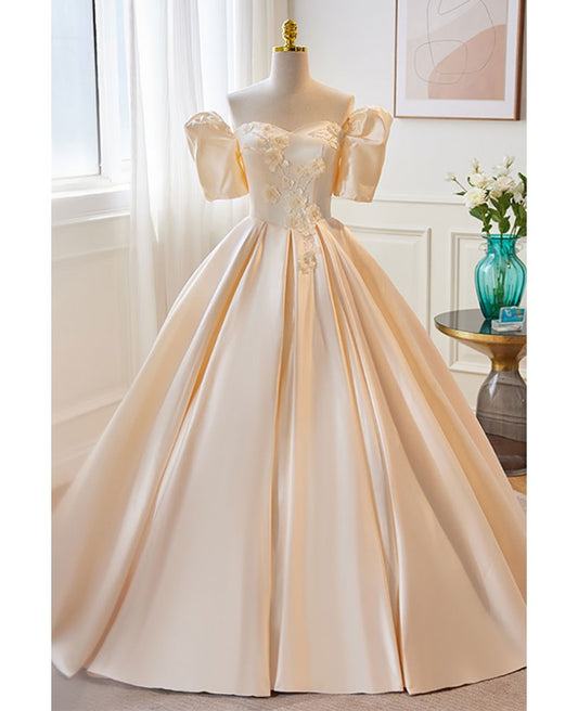 Elegant Champagne Satin Off the Shoulder Applique Pearl Ball Dress Champagne Princess Short Sleeves Off the Back and Floor Length Evening Dress