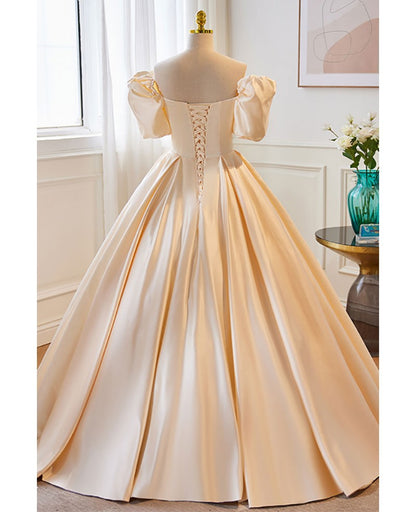 Elegant Champagne Satin Off the Shoulder Applique Pearl Ball Dress Champagne Princess Short Sleeves Off the Back and Floor Length Evening Dress