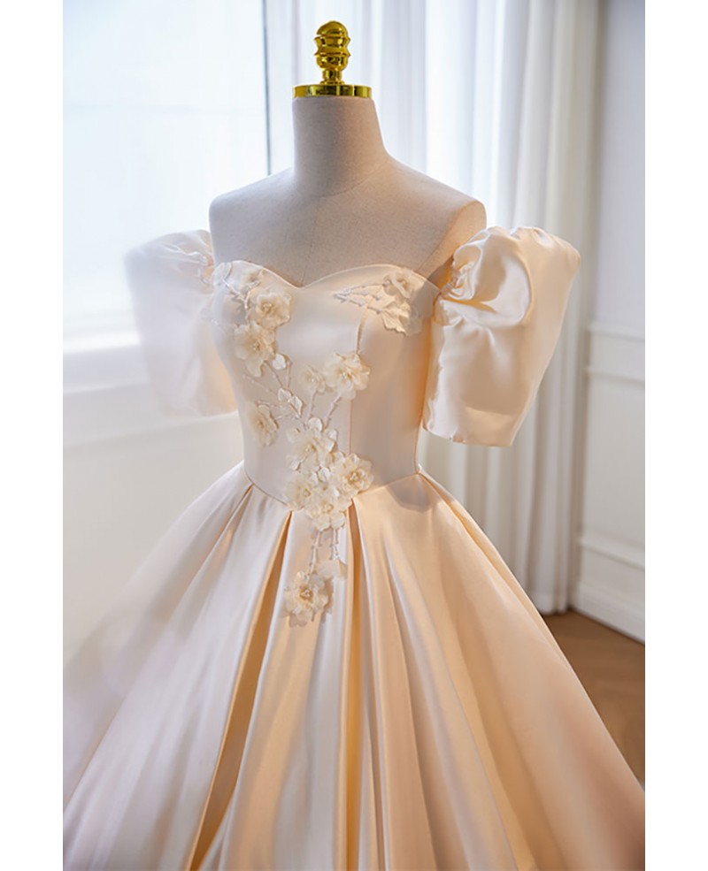 Elegant Champagne Satin Off the Shoulder Applique Pearl Ball Dress Champagne Princess Short Sleeves Off the Back and Floor Length Evening Dress