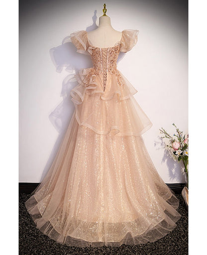 Charming Champagne Pearl Sequins Layered Ruffle Edge Evening Dress Champagne A-line/Princess Backless Short Sleeves and Floor/Long Evening Dress