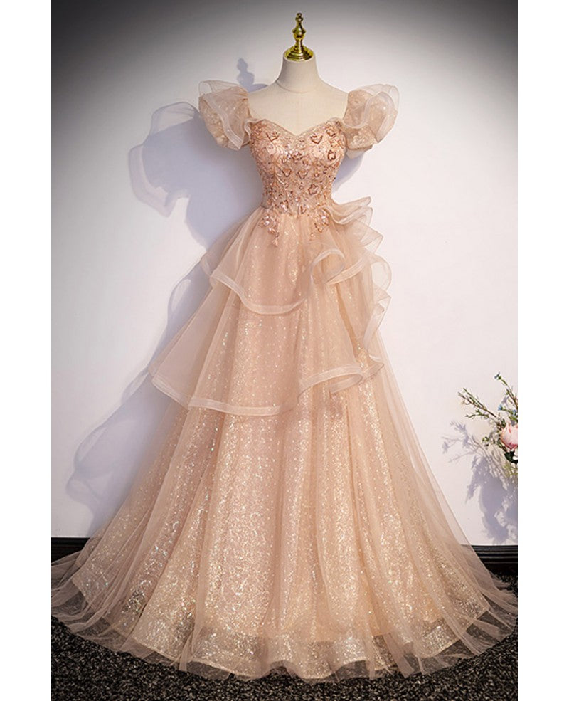 Charming Champagne Pearl Sequins Layered Ruffle Edge Evening Dress Champagne A-line/Princess Backless Short Sleeves and Floor/Long Evening Dress