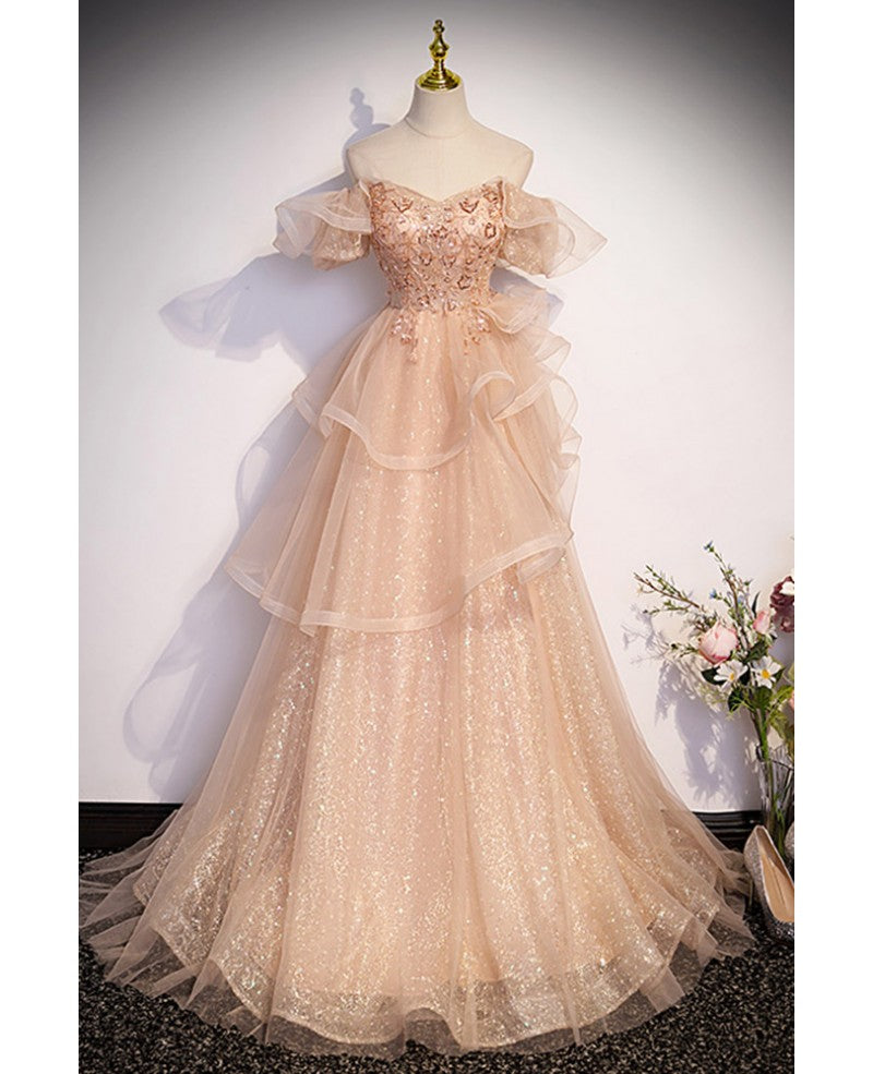 Charming Champagne Pearl Sequins Layered Ruffle Edge Evening Dress Champagne A-line/Princess Backless Short Sleeves and Floor/Long Evening Dress