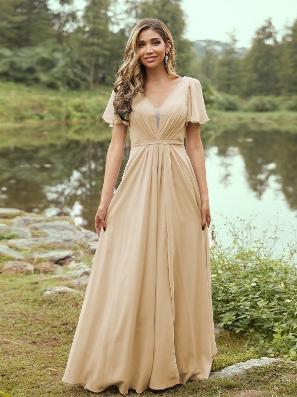 A-Line/Princess Chiffon Ruffles V-neck Short Sleeves Floor-Length Bridesmaid Dresses