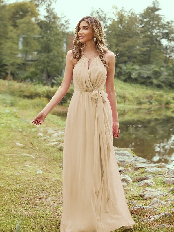 A-Line/Princess Chiffon Ruffles Halter Sleeveless Sweep/Brush Train Bridesmaid Dresses