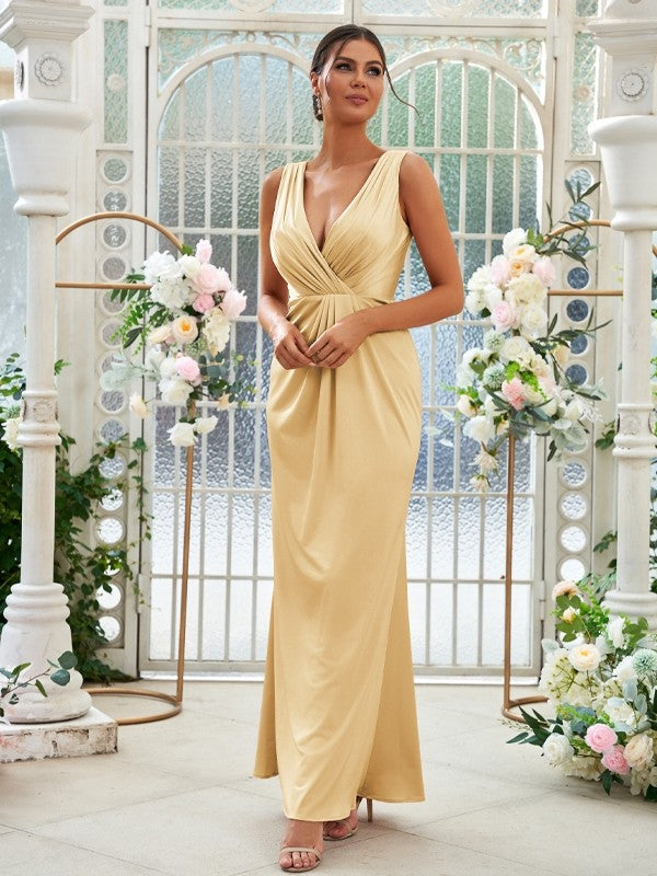 Sheath/Column Jersey Ruched V-neck Sleeveless Floor-Length Bridesmaid Dresses